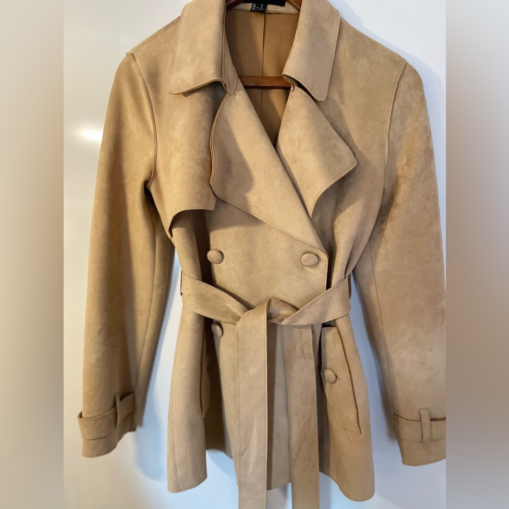 Suede Peacoat Jacket with Belt - Size Small, Camel